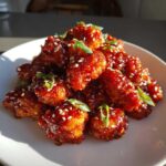 A mound of glossy, saucy Air Fryer Crispy Korean Chicken Bites garnished with sesame seeds and green onions.