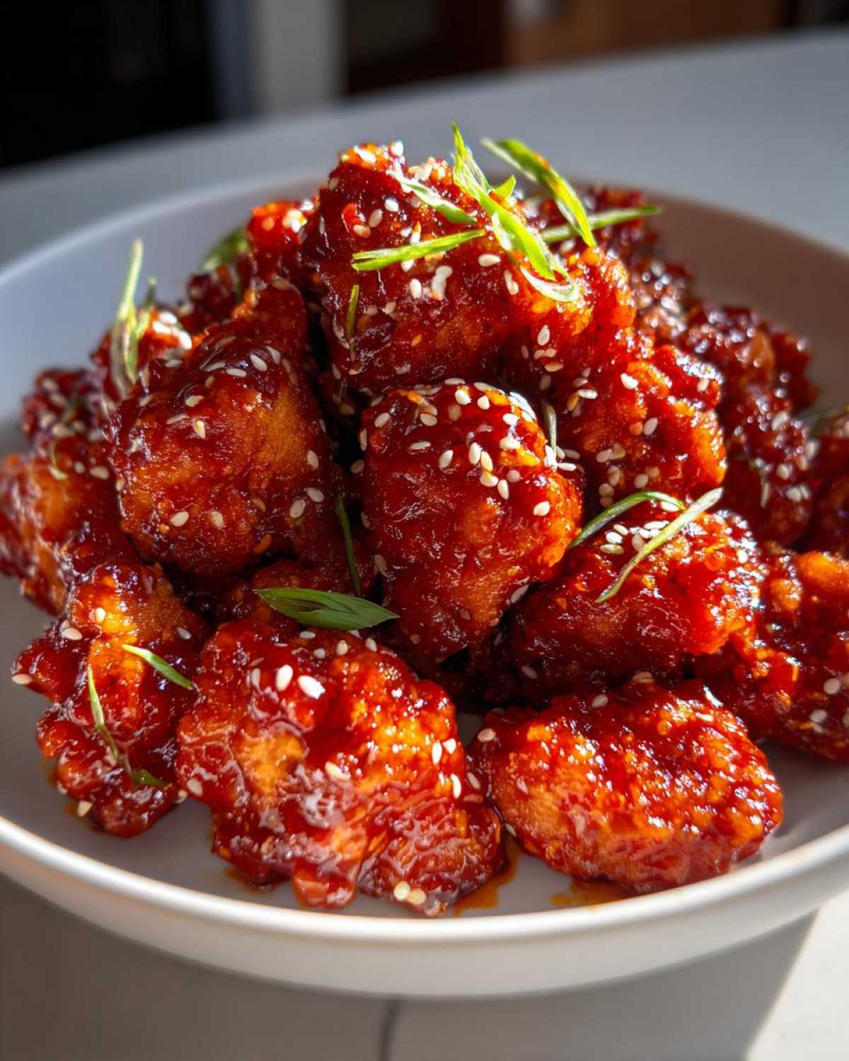 A bowl piled high with glossy, red-glazed Air Fryer Crispy Korean Chicken Bites, sprinkled with sesame seeds and green onions.