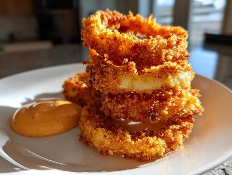 Close-up of golden brown Air Fryer Crispy Onion Petals stacked on a white plate next to a dollop of spicy mayo.