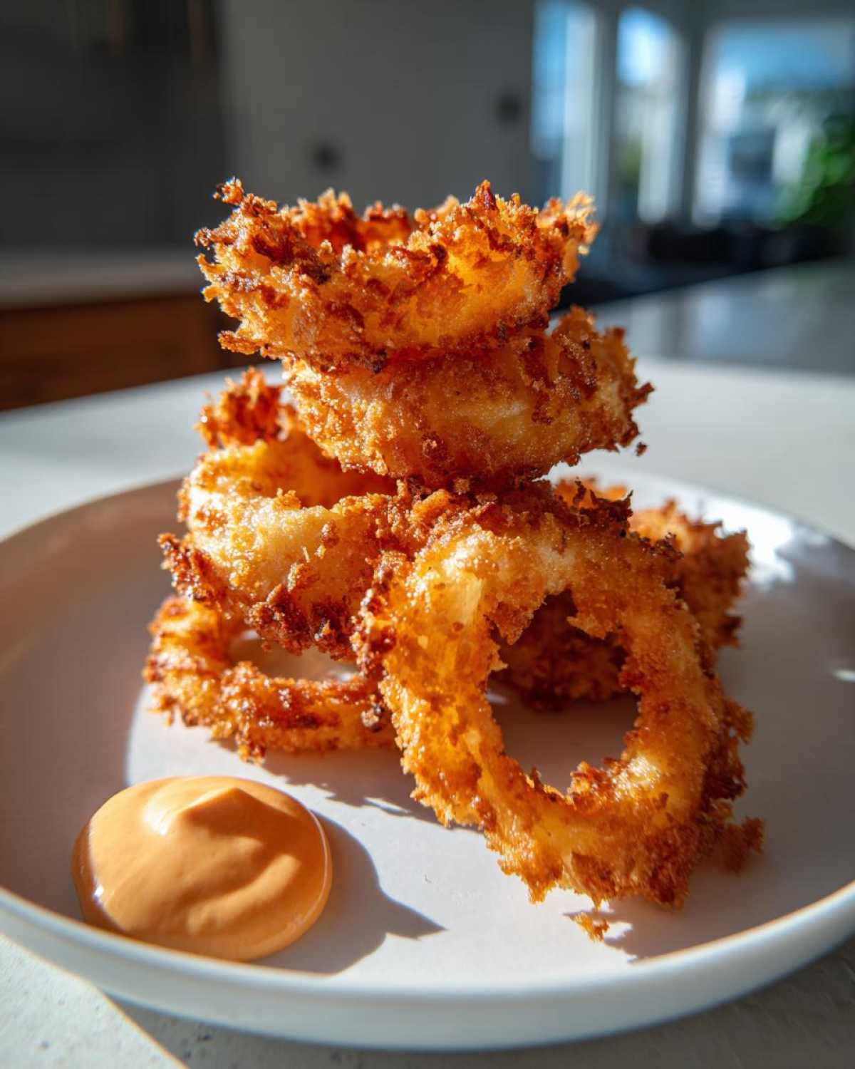 A stack of golden brown, crispy Air Fryer Crispy Onion Petals served on a white plate with a dollop of spicy mayo.
