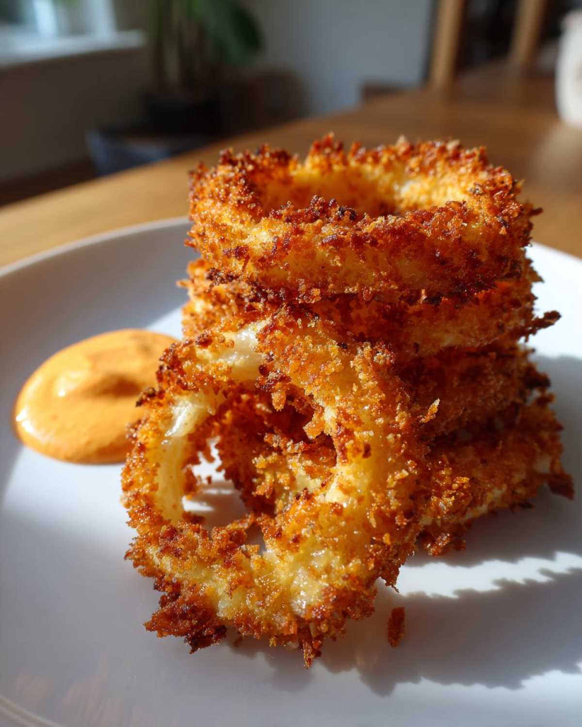 A stack of golden brown, crispy Air Fryer Crispy Onion Petals served on a white plate next to a dollop of orange spicy mayo.