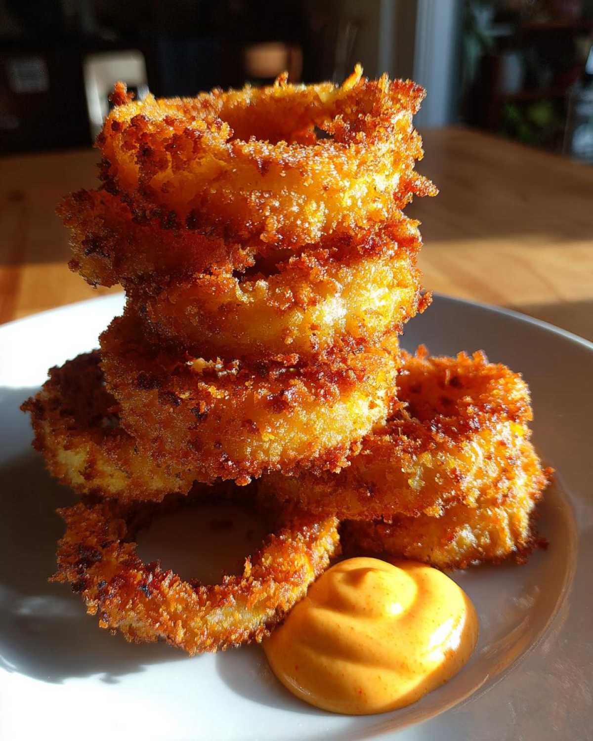 A tall stack of golden brown Air Fryer Crispy Onion Petals served on a white plate next to a dollop of spicy mayo.
