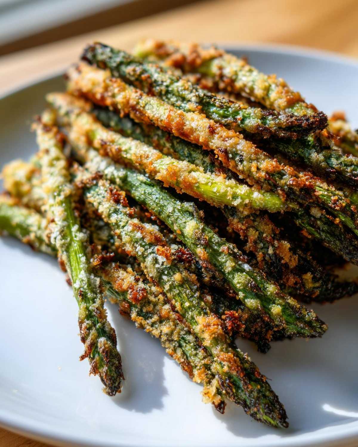 A close-up of Air Fryer Crispy Parmesan Asparagus Fries stacked high on a white plate, showing crispy browned edges.