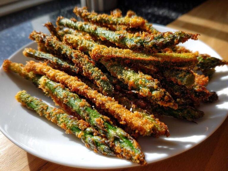 A pile of golden brown Air Fryer Crispy Parmesan Asparagus Fries served on a white plate.
