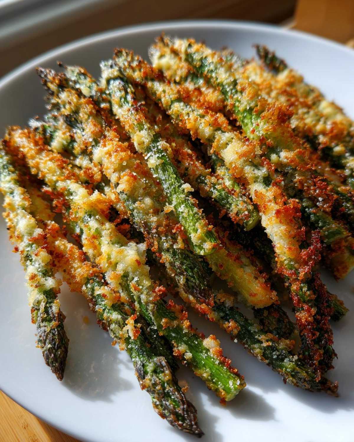 Close-up of golden brown Air Fryer Crispy Parmesan Asparagus Fries served on a white plate.
