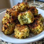 A close-up of a white bowl filled with golden brown, crispy Air Fryer Crispy Parmesan Broccoli Tots.