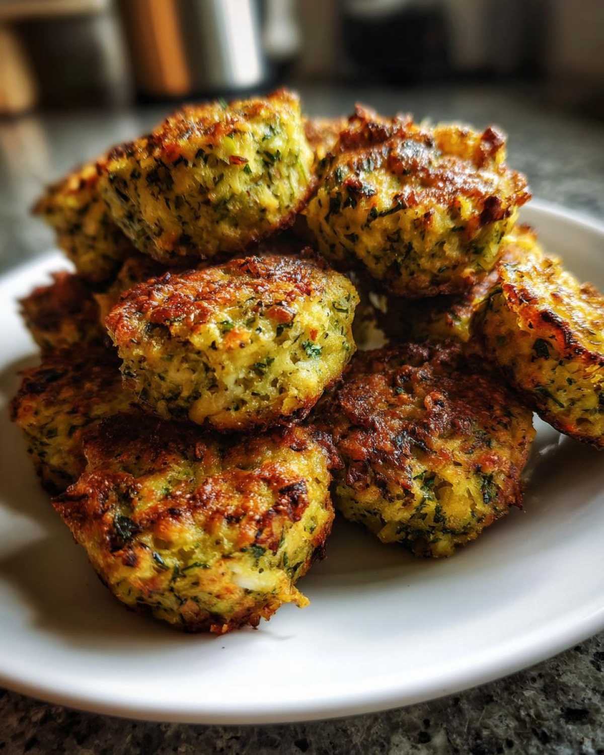 A pile of golden-brown Air Fryer Crispy Parmesan Broccoli Tots stacked on a white plate.