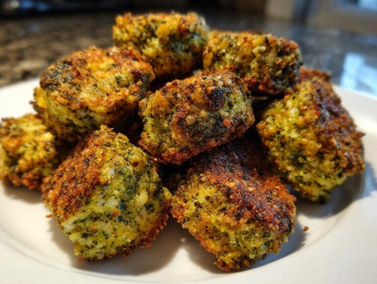 A pile of golden brown, crispy Air Fryer Crispy Parmesan Broccoli Tots stacked on a white plate.