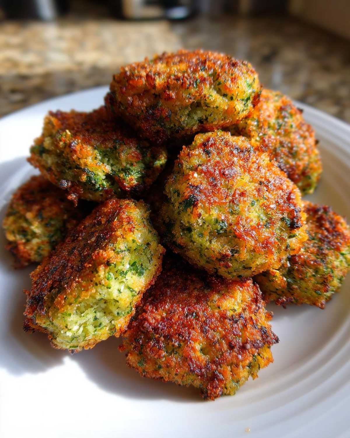 A pile of golden brown, crispy Air Fryer Crispy Parmesan Broccoli Tots stacked high on a white plate.