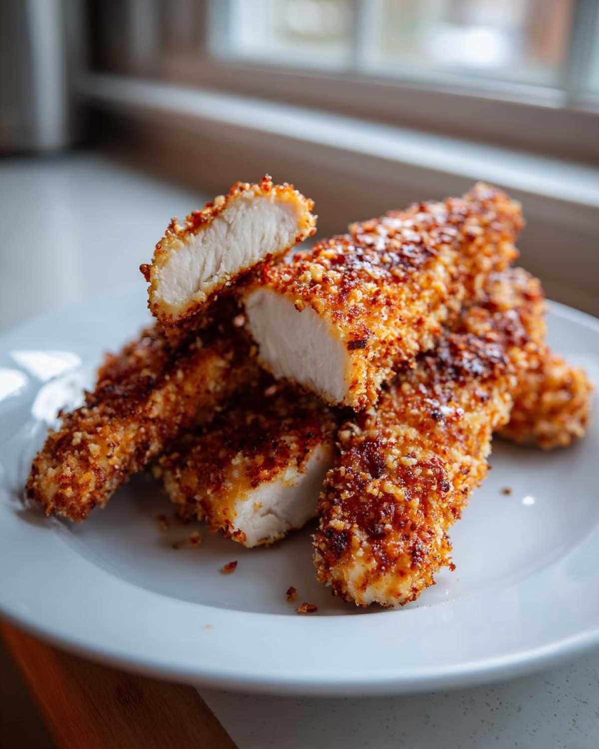 Close-up of Air Fryer Crispy Parmesan Chicken Tenders, one piece cut to show the juicy white interior.
