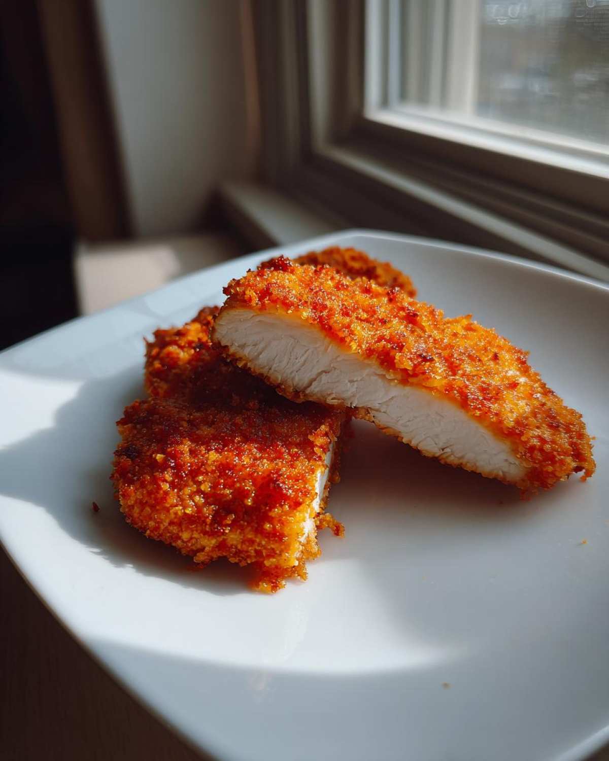 Close-up of Air Fryer Crispy Parmesan Chicken Tenders, showing the golden-brown crust and juicy white interior.