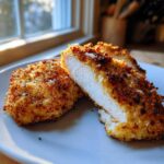 Close-up of Air Fryer Crispy Parmesan Chicken Tenders, showing a golden crust and juicy white interior.