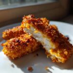 Close-up of Air Fryer Crispy Parmesan Chicken Tenders, showing the crispy golden exterior and juicy white interior.