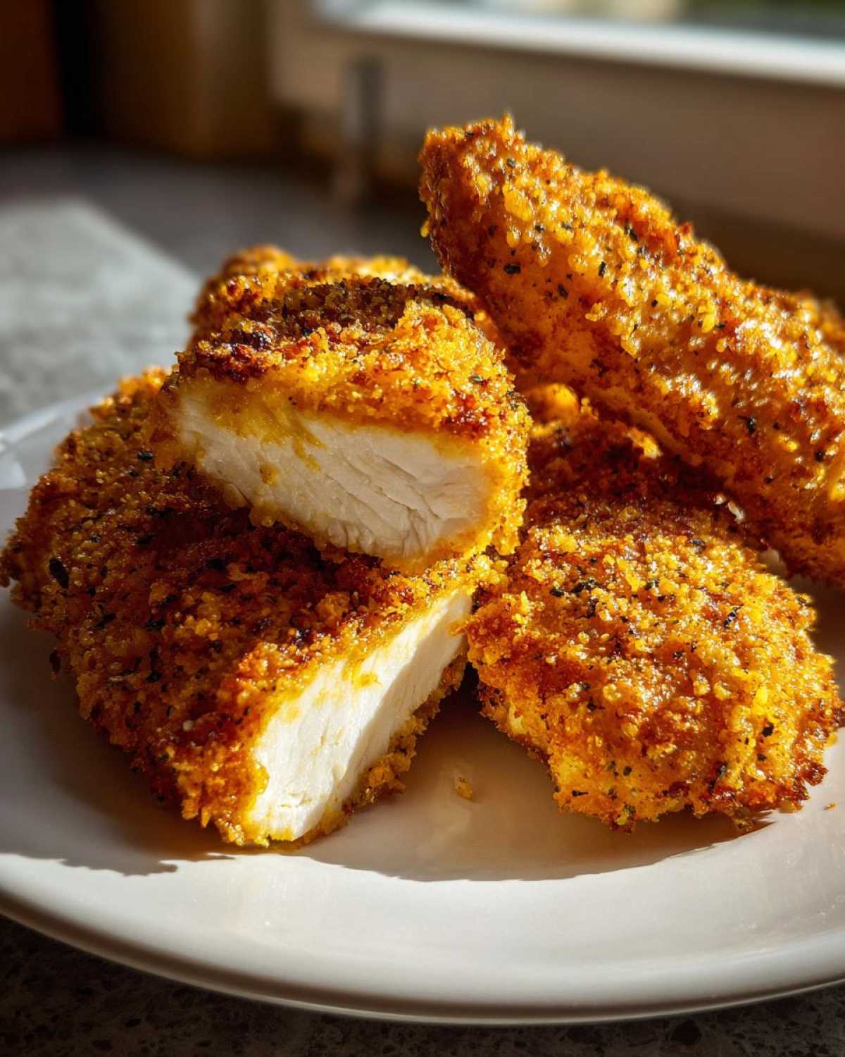 Close-up of Air Fryer Crispy Parmesan Chicken Tenders cut open showing juicy white interior and golden crust.