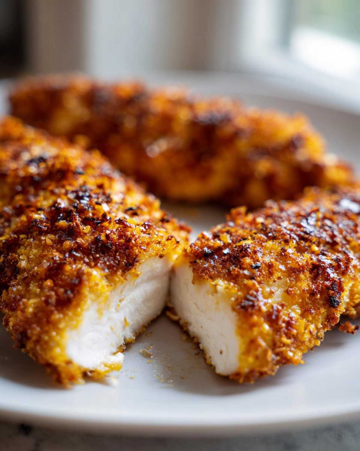 Close-up of Air Fryer Crispy Parmesan Chicken Tenders cut in half showing juicy white interior and golden crust.
