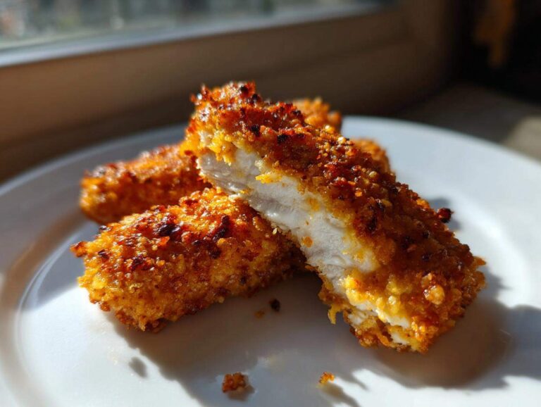 Close-up of Air Fryer Crispy Parmesan Chicken Tenders, showing the crispy golden exterior and juicy white interior.