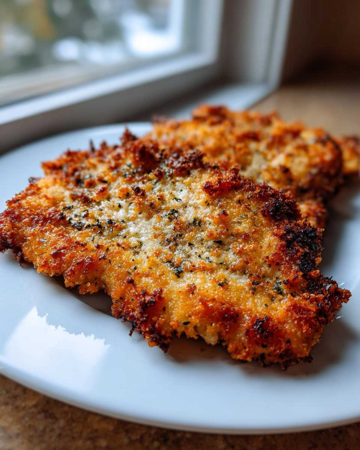 Close-up of golden brown Air Fryer Crispy Parmesan Pork Schnitzel on a white plate.
