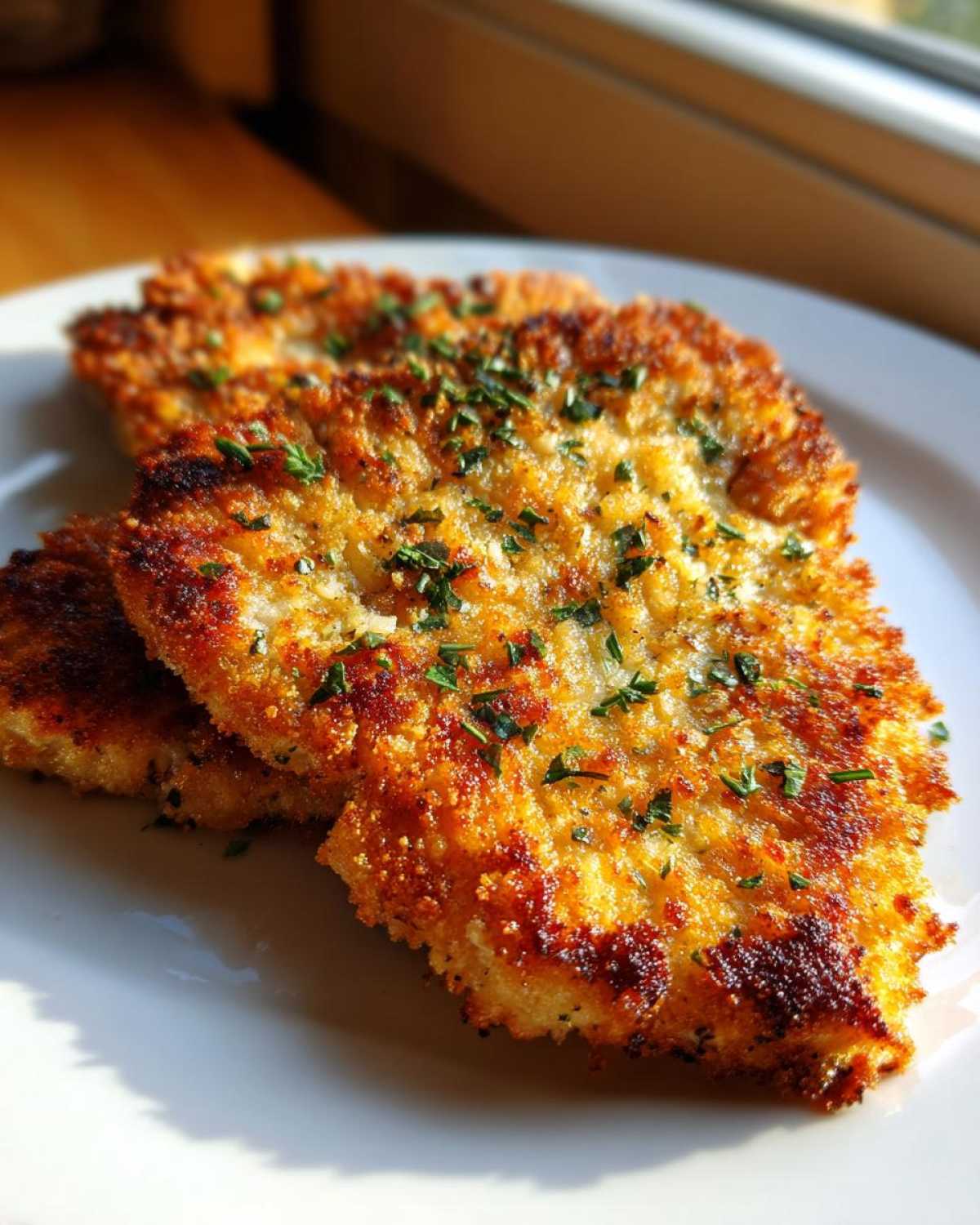 Two golden brown Air Fryer Crispy Parmesan Pork Schnitzel cutlets stacked on a white plate, garnished with parsley.
