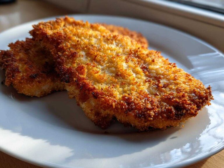 Two pieces of golden brown Air Fryer Crispy Parmesan Pork Schnitzel resting on a white plate.