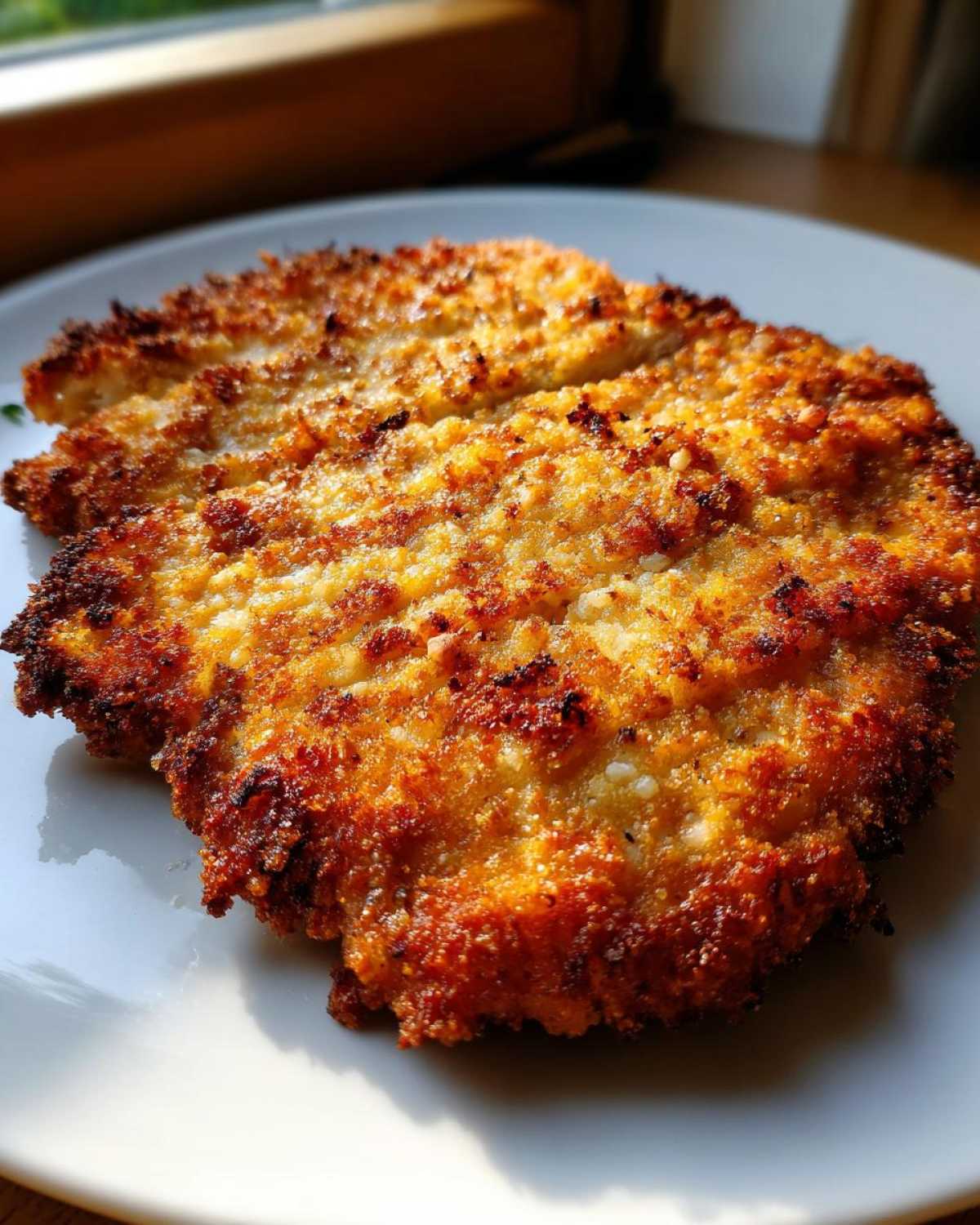 Close-up of a golden brown, crispy Air Fryer Crispy Parmesan Pork Schnitzel resting on a white plate.