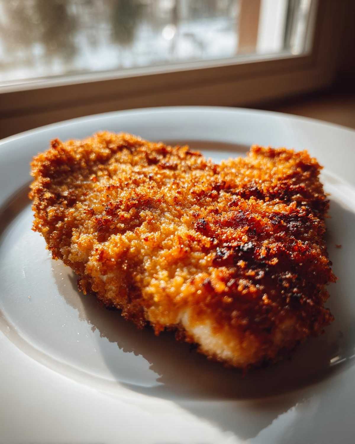 Close-up of a perfectly golden brown Air Fryer Crispy Parmesan Pork Schnitzel on a white plate.