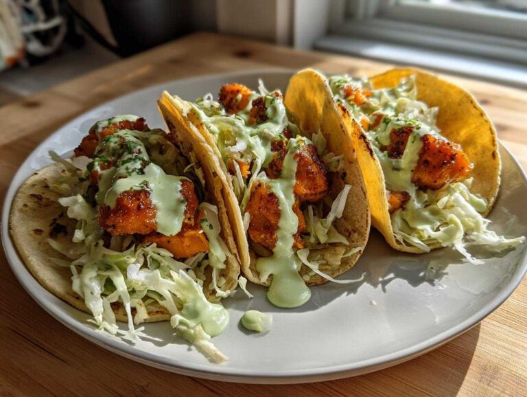 Three Air Fryer Crispy Sweet Potato Tacos filled with slaw and drizzled with green sauce on a white plate.