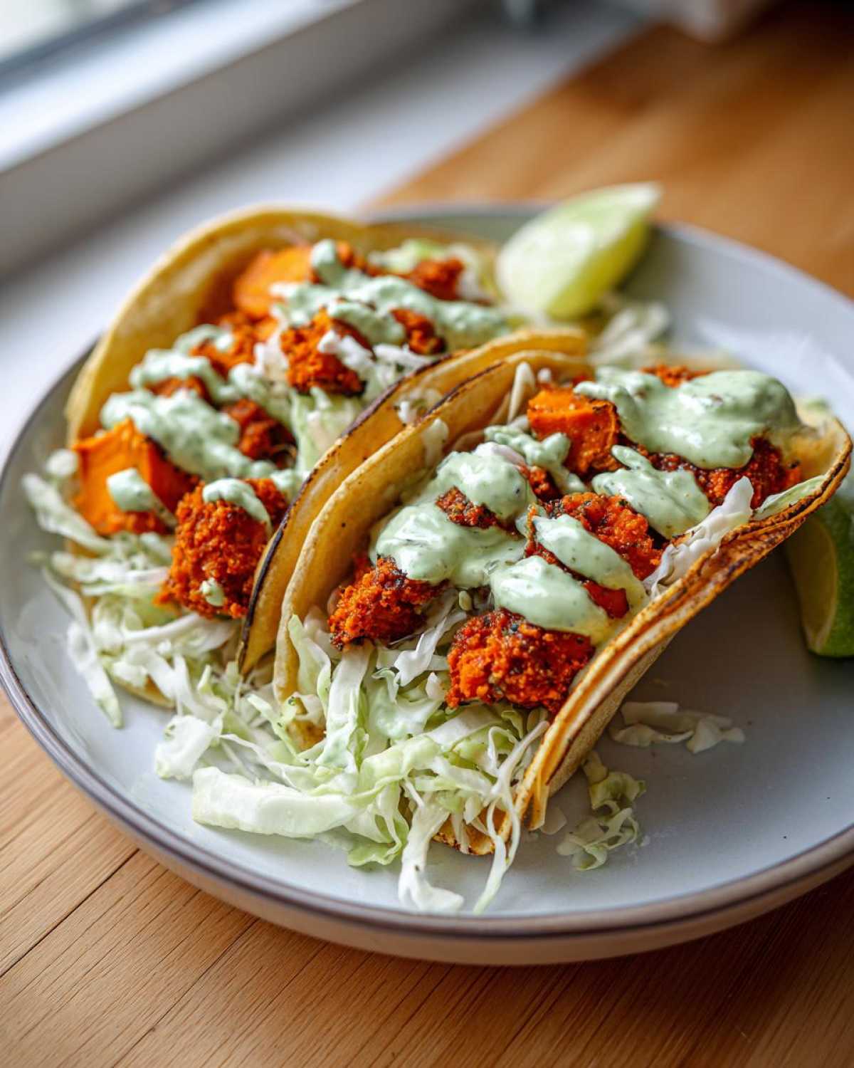 Close-up of two Air Fryer Crispy Sweet Potato Tacos filled with shredded cabbage, orange sweet potato pieces, and drizzled with a light green sauce.