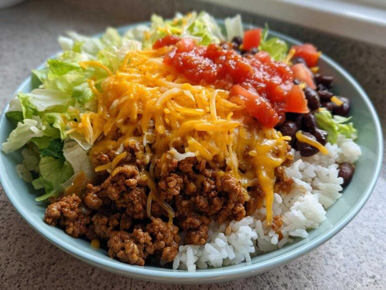 A close-up of a fully assembled Air Fryer Crispy Turkey Taco Bowl with rice, seasoned ground turkey, lettuce, cheese, and salsa.
