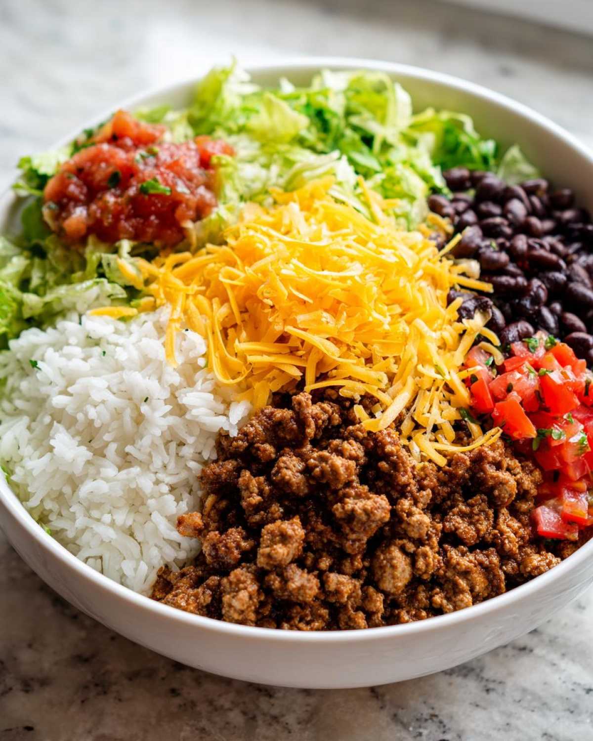 Close-up of a bowl filled with ingredients for Air Fryer Crispy Turkey Taco Bowls: seasoned ground turkey, rice, cheese, lettuce, beans, and salsa.