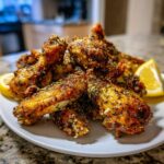 A pile of golden brown Air Fryer Crispy Zaatar Chicken Wings seasoned heavily with herbs and spices, served with lemon wedges.
