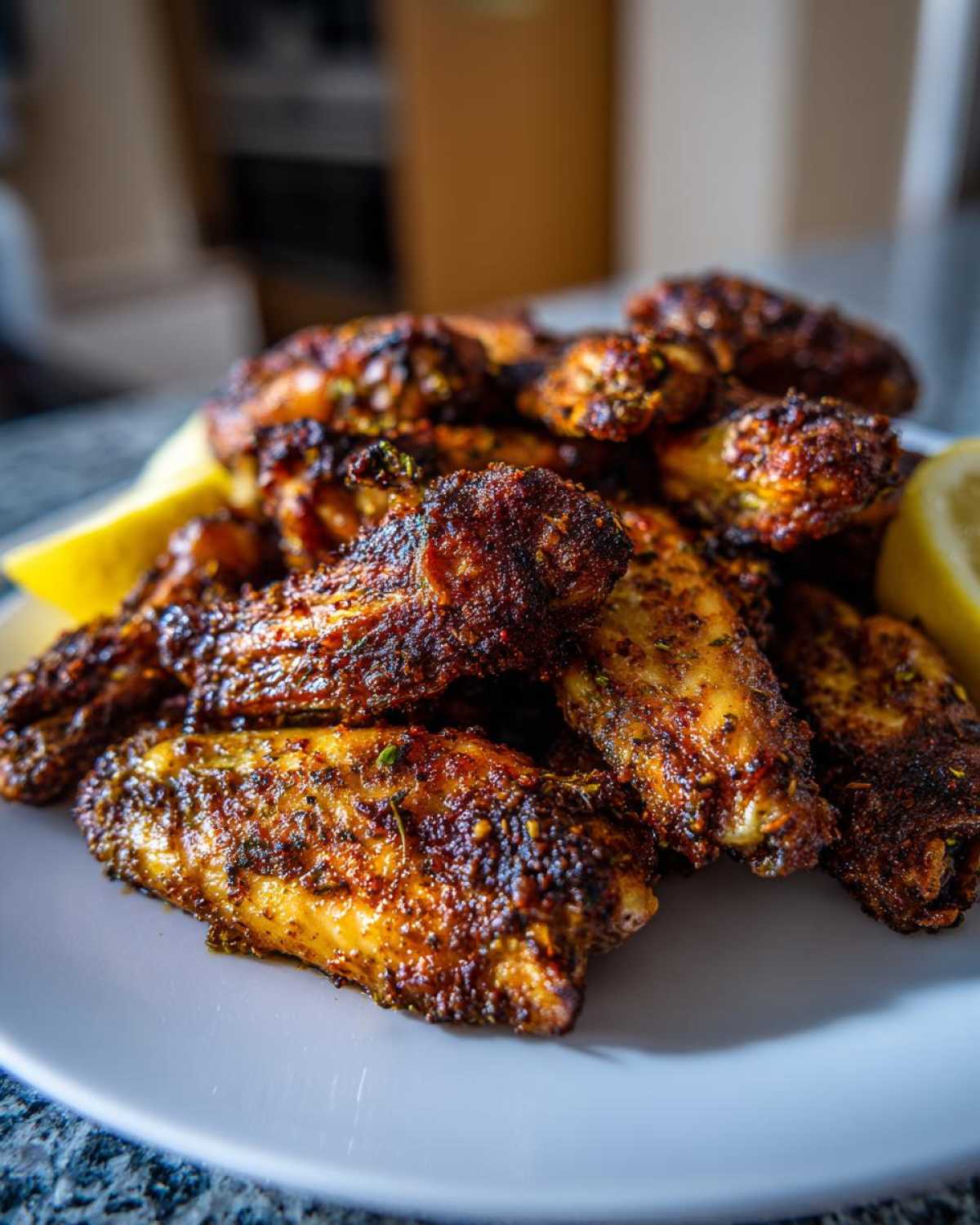 A close-up of a pile of golden brown, crispy Air Fryer Crispy Zaatar Chicken Wings served on a white plate with lemon wedges.