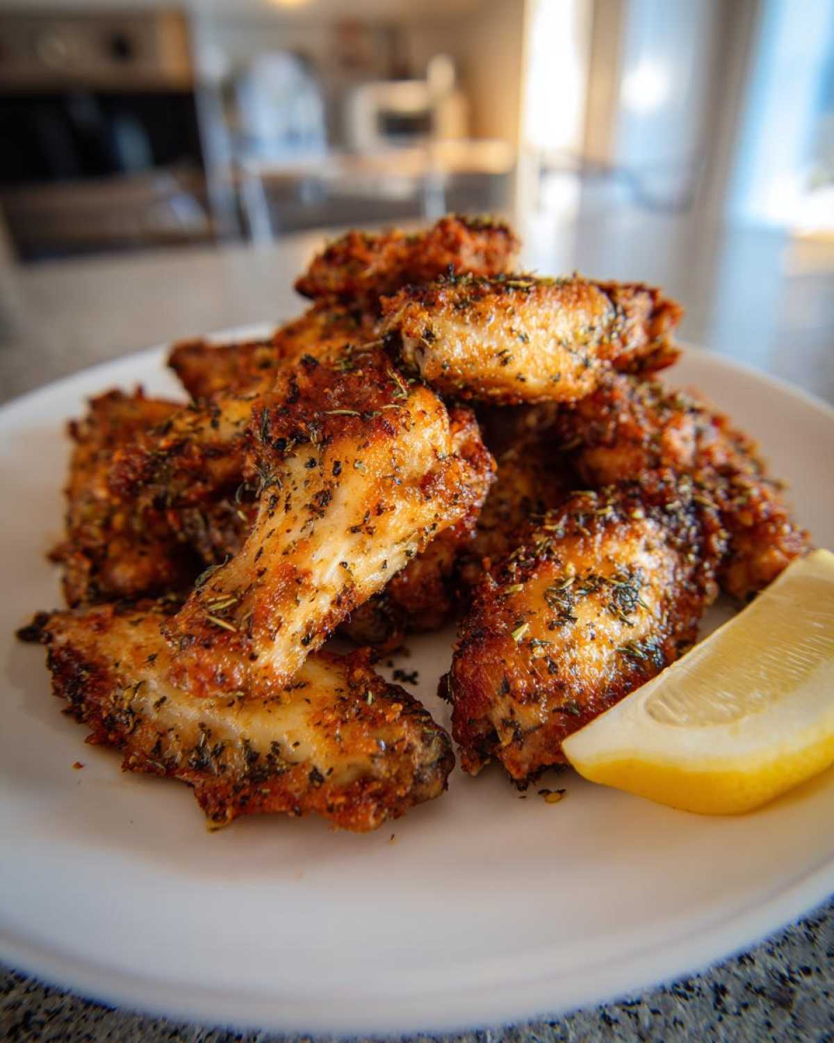 A pile of golden brown Air Fryer Crispy Zaatar Chicken Wings seasoned with herbs, served with a lemon wedge.