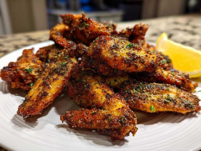 A pile of golden brown, crispy Air Fryer Crispy Zaatar Chicken Wings seasoned with dark spices and herbs, served with a lemon wedge.