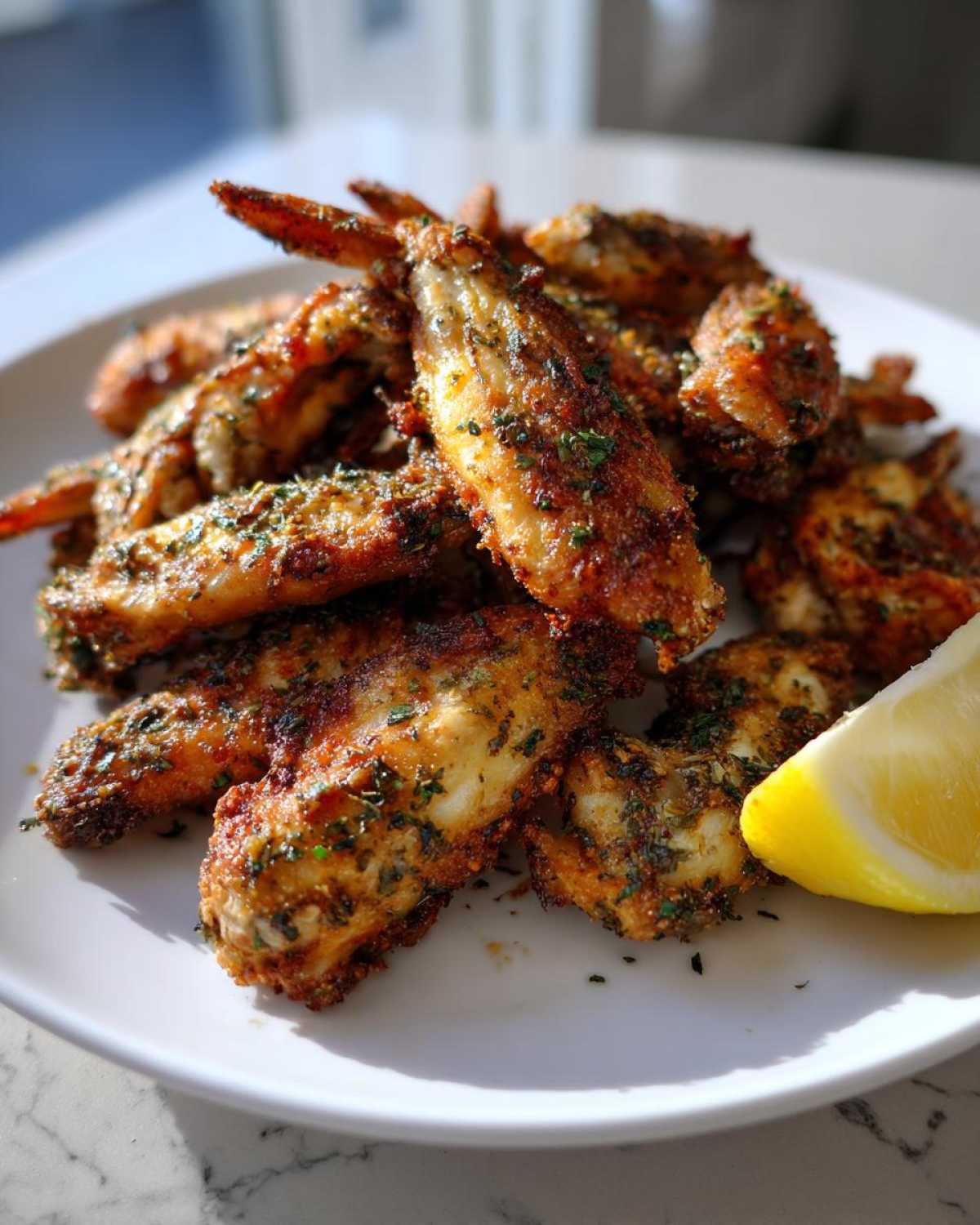 A pile of golden brown Air Fryer Crispy Zaatar Chicken Wings seasoned with herbs, served with a lemon wedge.