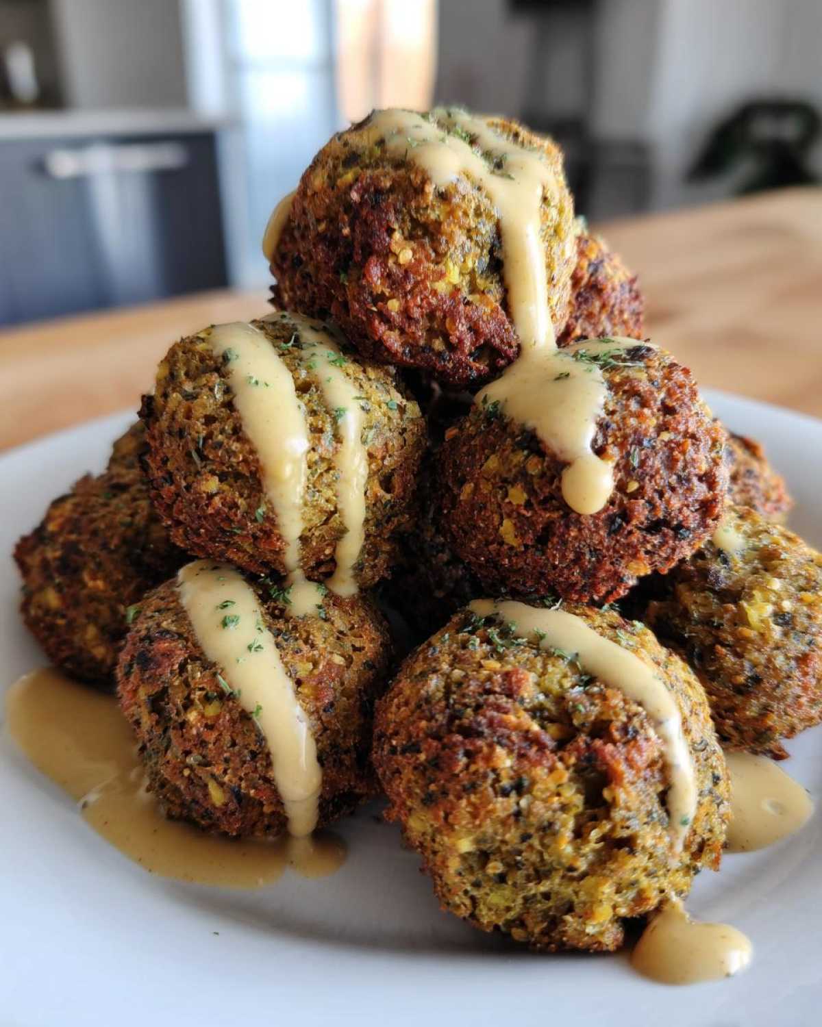 A stack of golden-brown Air Fryer Herb Falafel Balls drizzled generously with creamy tahini sauce.