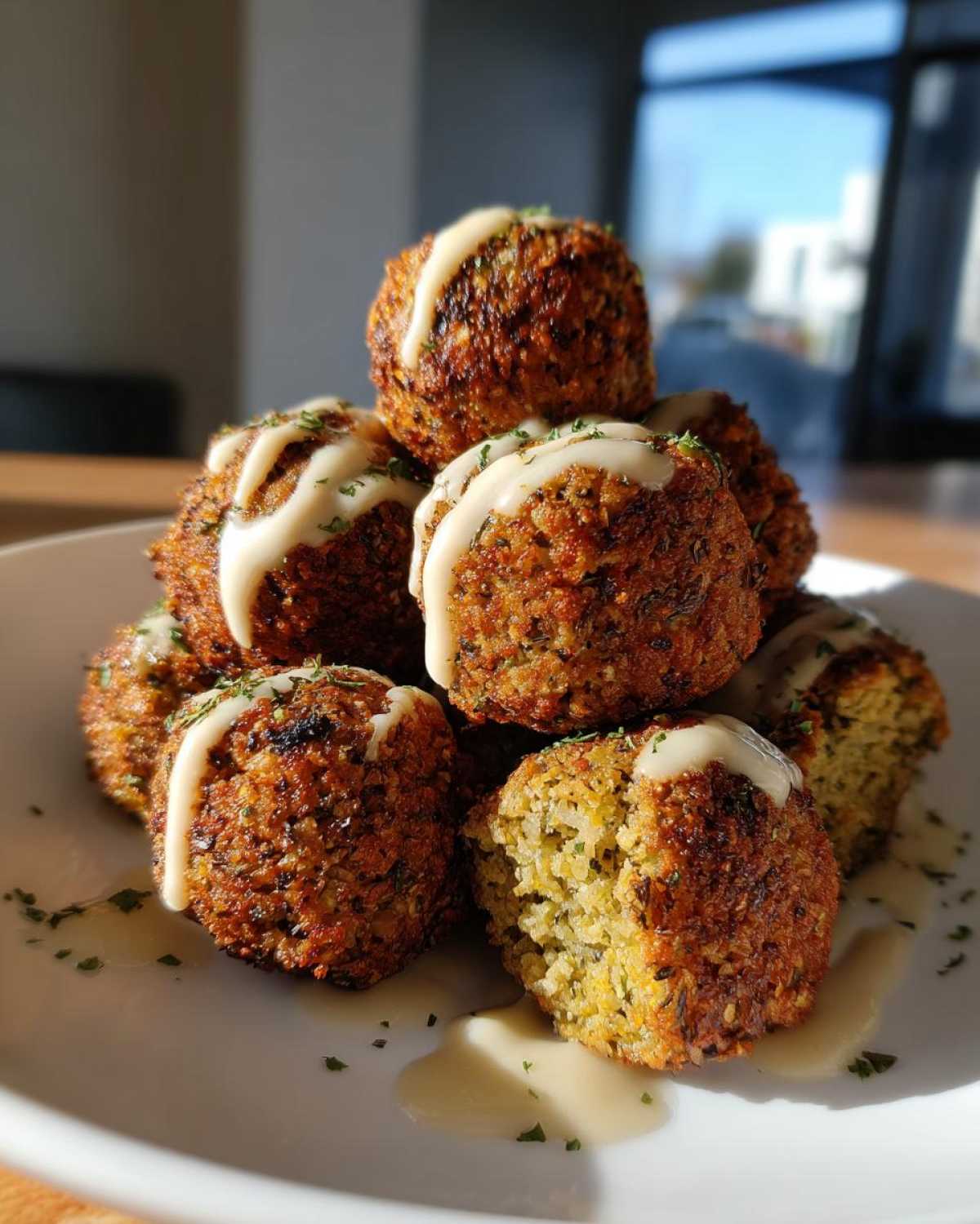 A stack of golden brown Air Fryer Herb Falafel Balls drizzled with creamy tahini sauce and sprinkled with parsley.