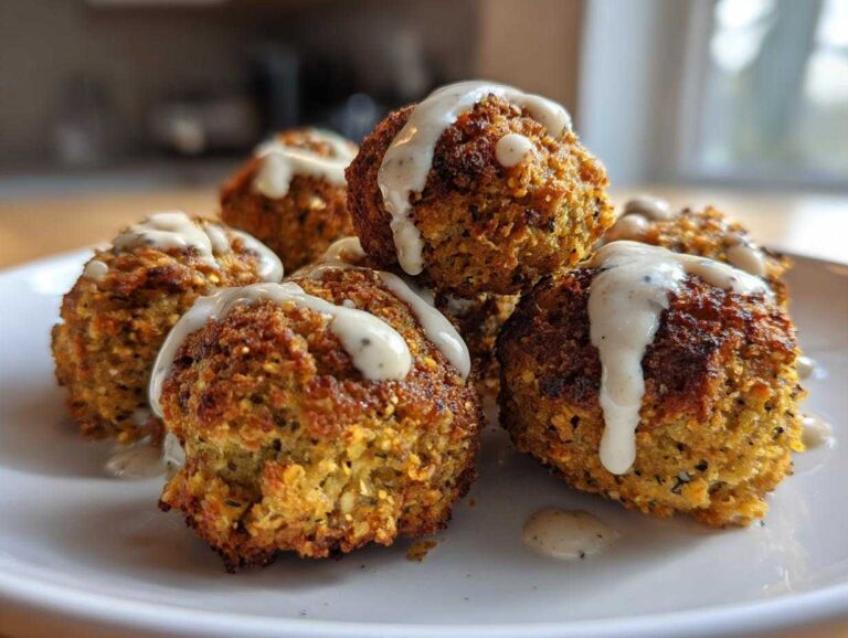 Close-up of golden brown Air Fryer Herb Falafel Balls stacked on a white plate, generously drizzled with creamy tahini sauce.