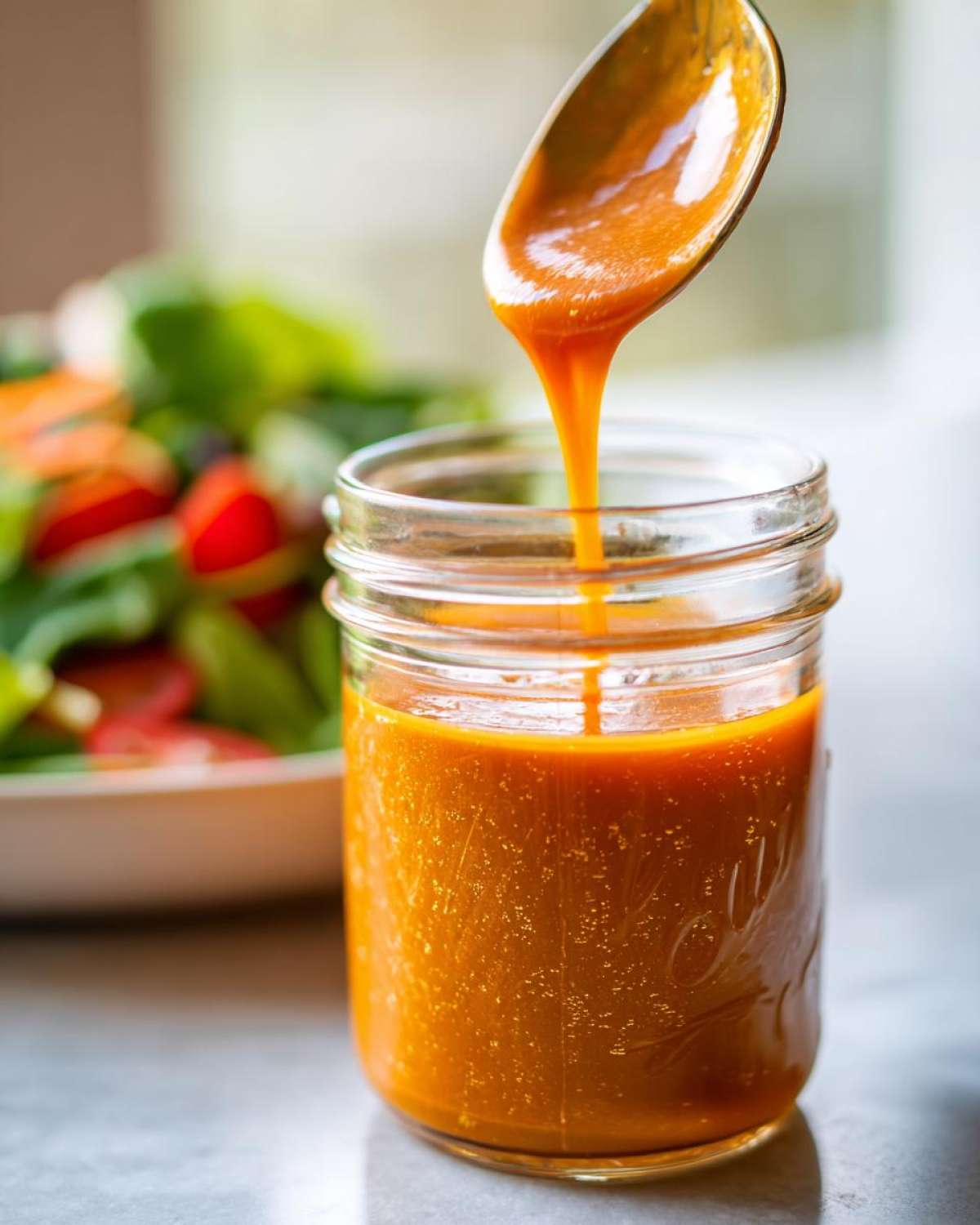 A spoonful of bright orange Copycat Apple Cider Vinaigrette is being poured into a glass jar.