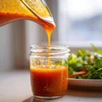 Vibrant orange Copycat Apple Cider Vinaigrette being poured from a blender into a small glass jar.