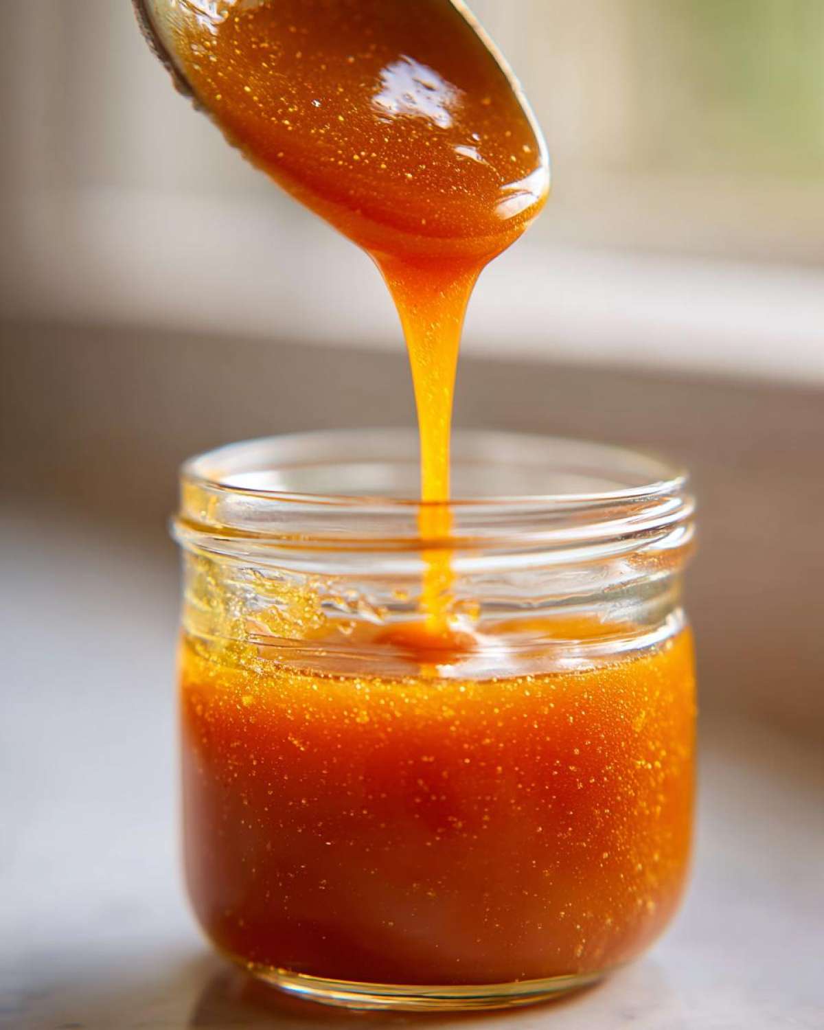Close-up of thick, amber Copycat Apple Cider Vinaigrette being poured from a spoon into a small glass jar.
