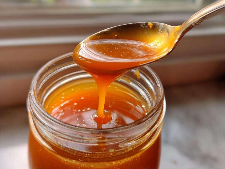 A spoonful of thick, amber Copycat Apple Cider Vinaigrette dripping back into a glass jar.
