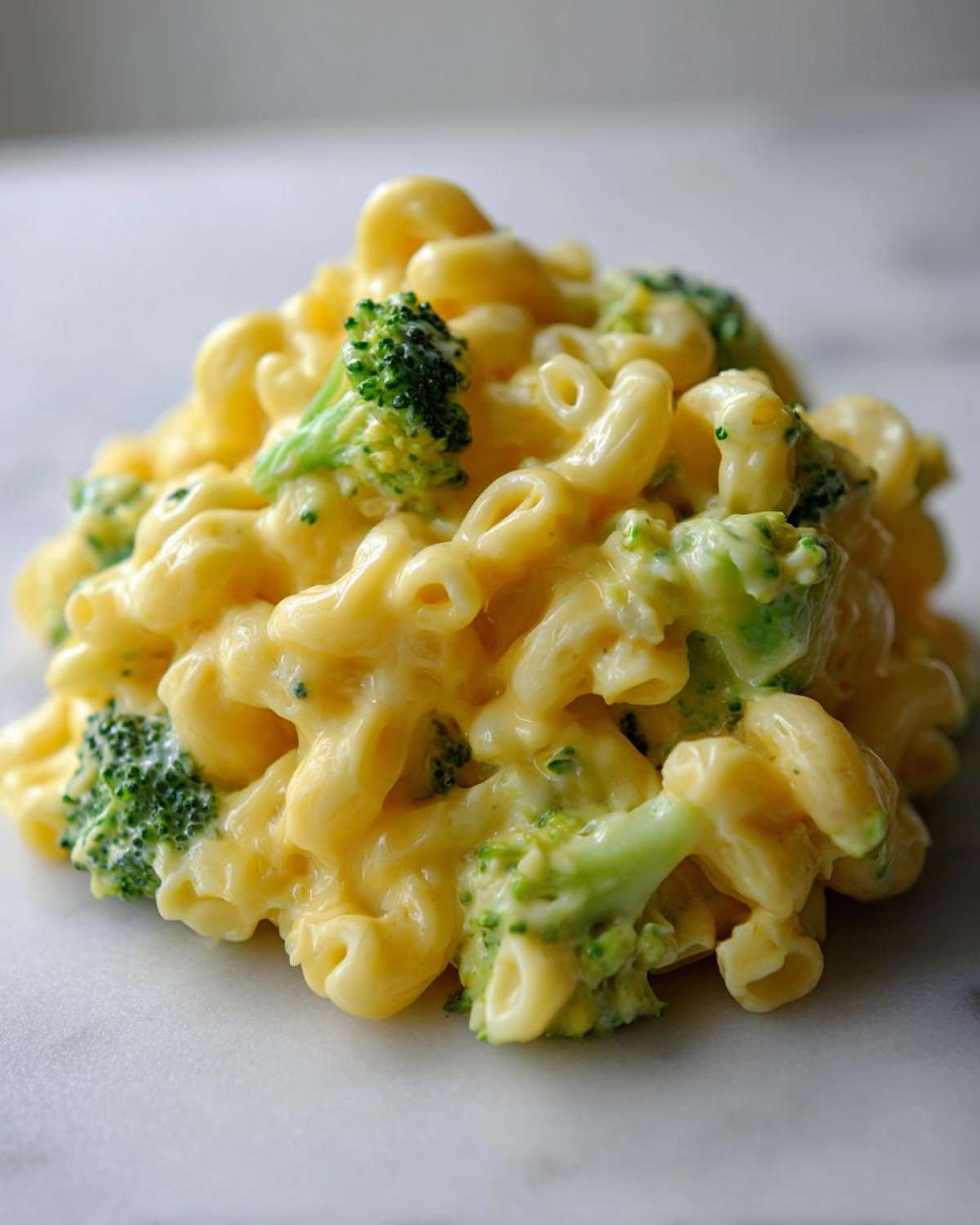 A close-up mound of creamy Copycat Café Broccoli Cheddar Mac featuring elbow macaroni coated in bright yellow cheese sauce and mixed with vibrant green broccoli florets.