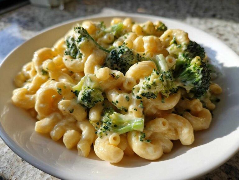 A close-up of creamy Copycat Café Broccoli Cheddar Mac served in a white bowl under natural light.