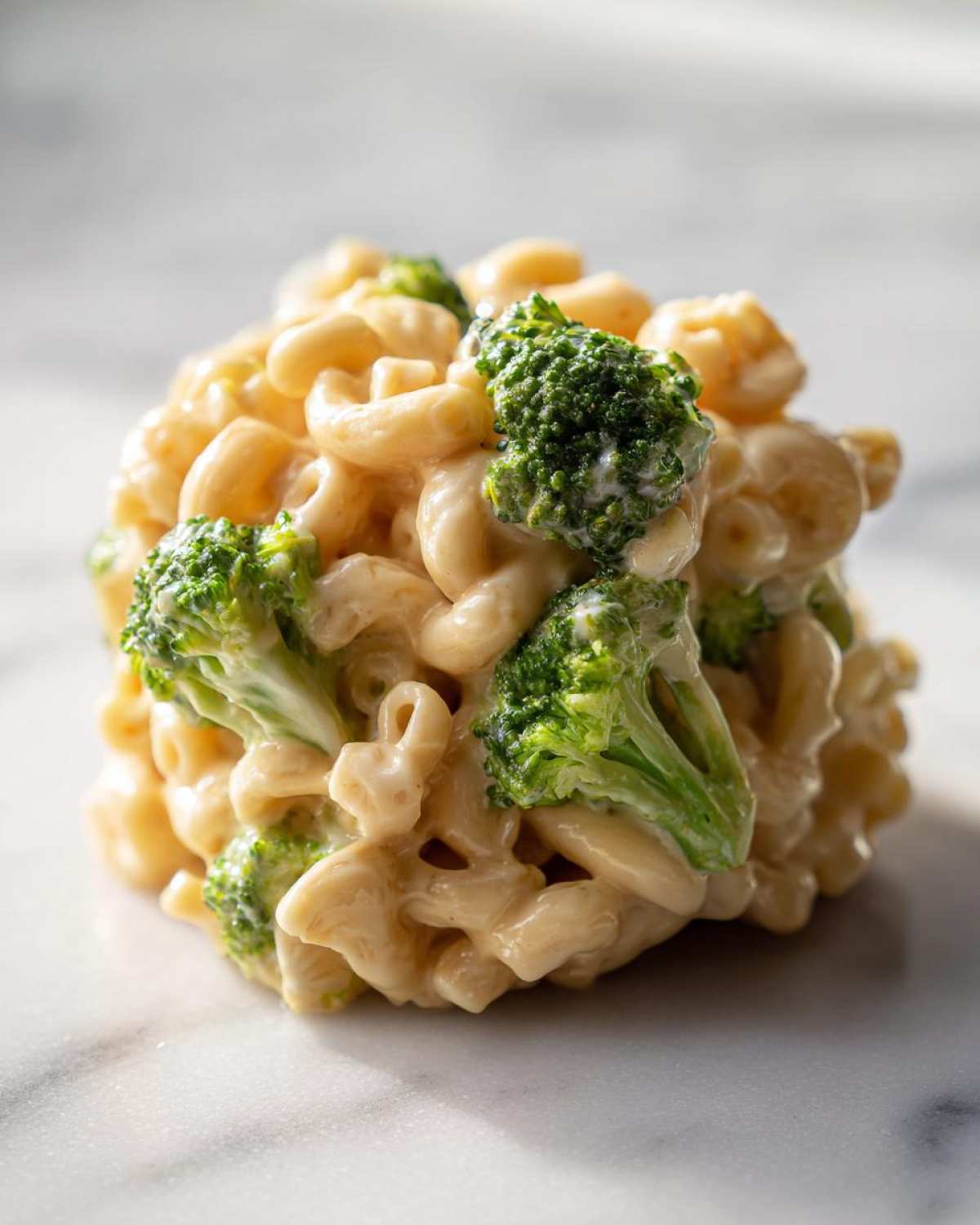 A scoop of creamy Copycat Café Broccoli Cheddar Mac featuring elbow macaroni and bright green broccoli florets.