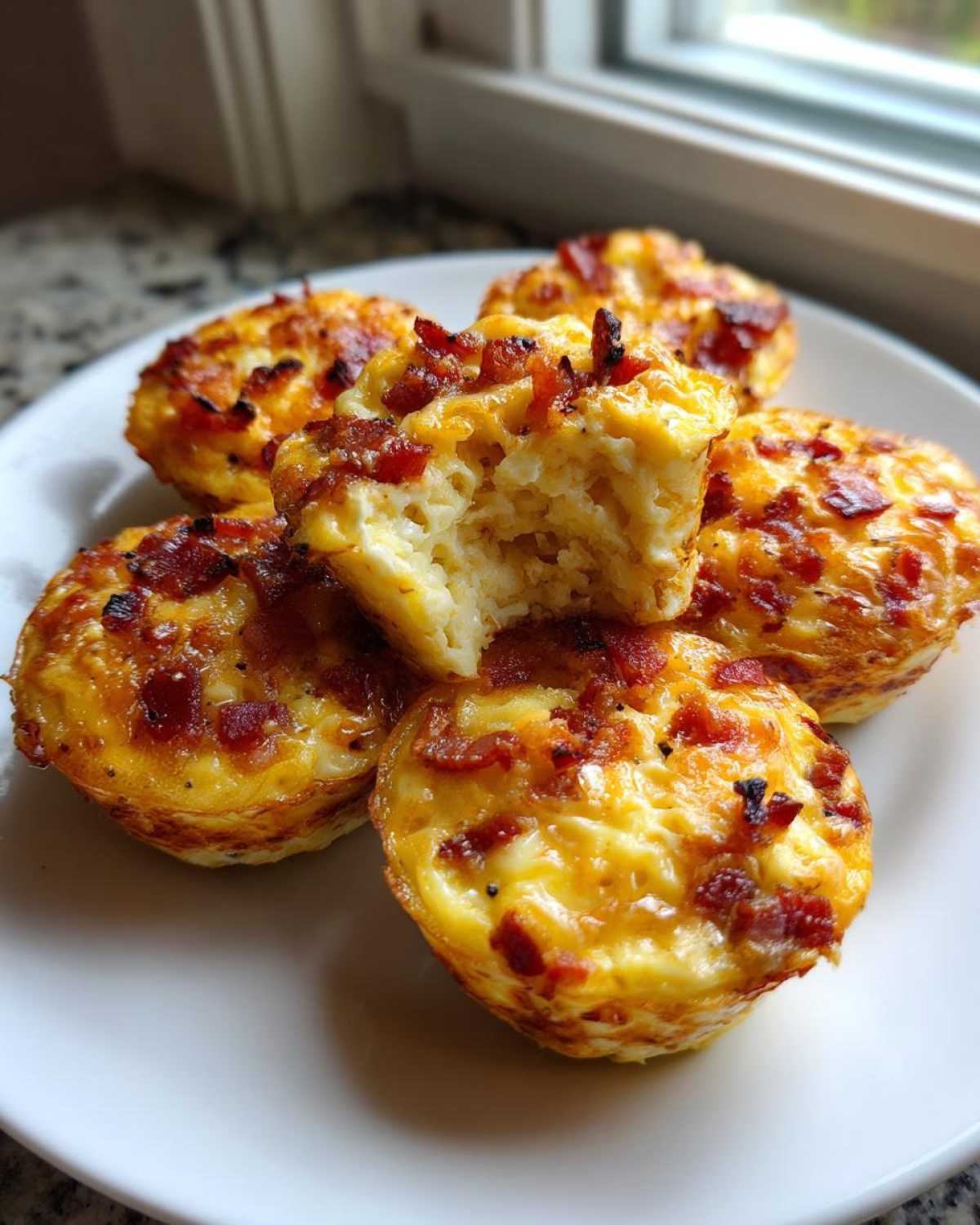 Close-up of Copycat Café-Style Bacon Gruyère Egg Bites piled on a white plate, one is broken open.