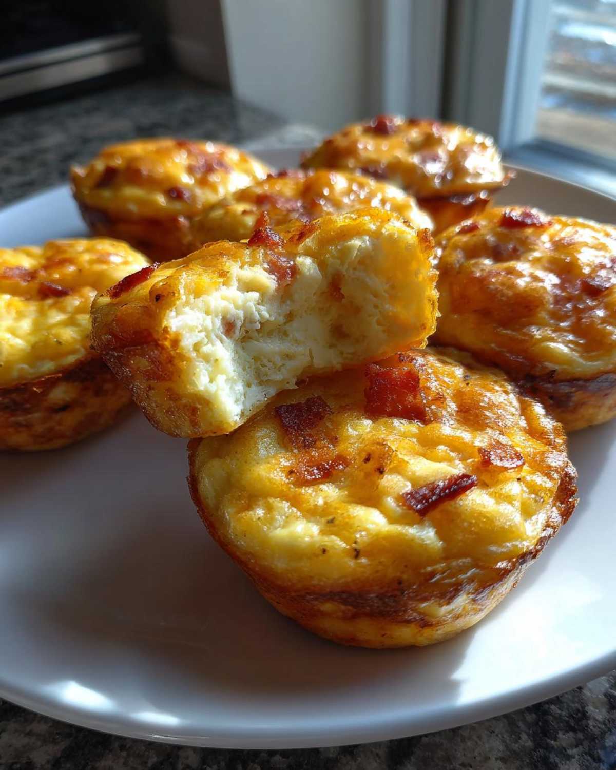 Close-up of Copycat Café-Style Bacon Gruyère Egg Bites on a white plate, one bite taken out to show fluffy interior.