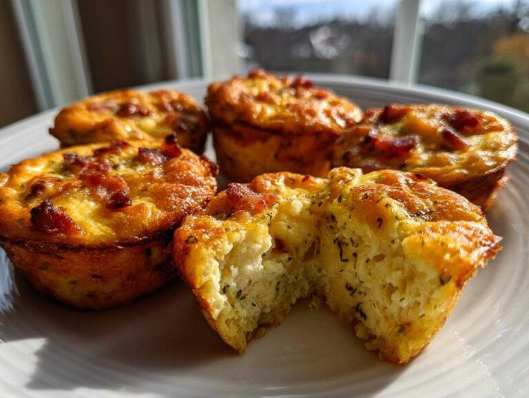 Close-up of golden Copycat Café-Style Bacon Gruyère Egg Bites on a white plate, one is broken open showing the fluffy interior.