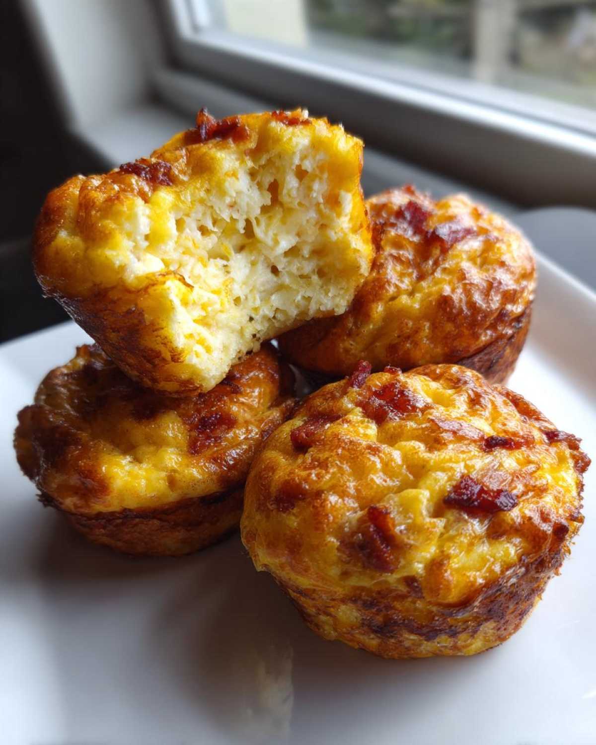 Close-up of golden brown Copycat Café-Style Bacon Gruyère Egg Bites, one broken open showing fluffy interior.