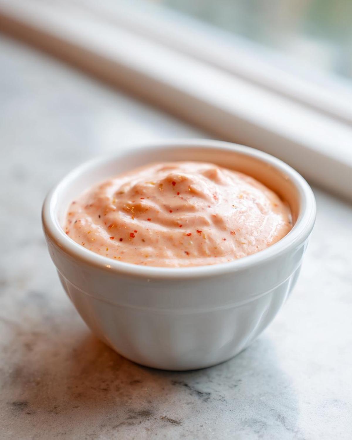 A small white ramekin filled with creamy, pinkish Copycat Classic Burger Spread Sauce, speckled with red spices.