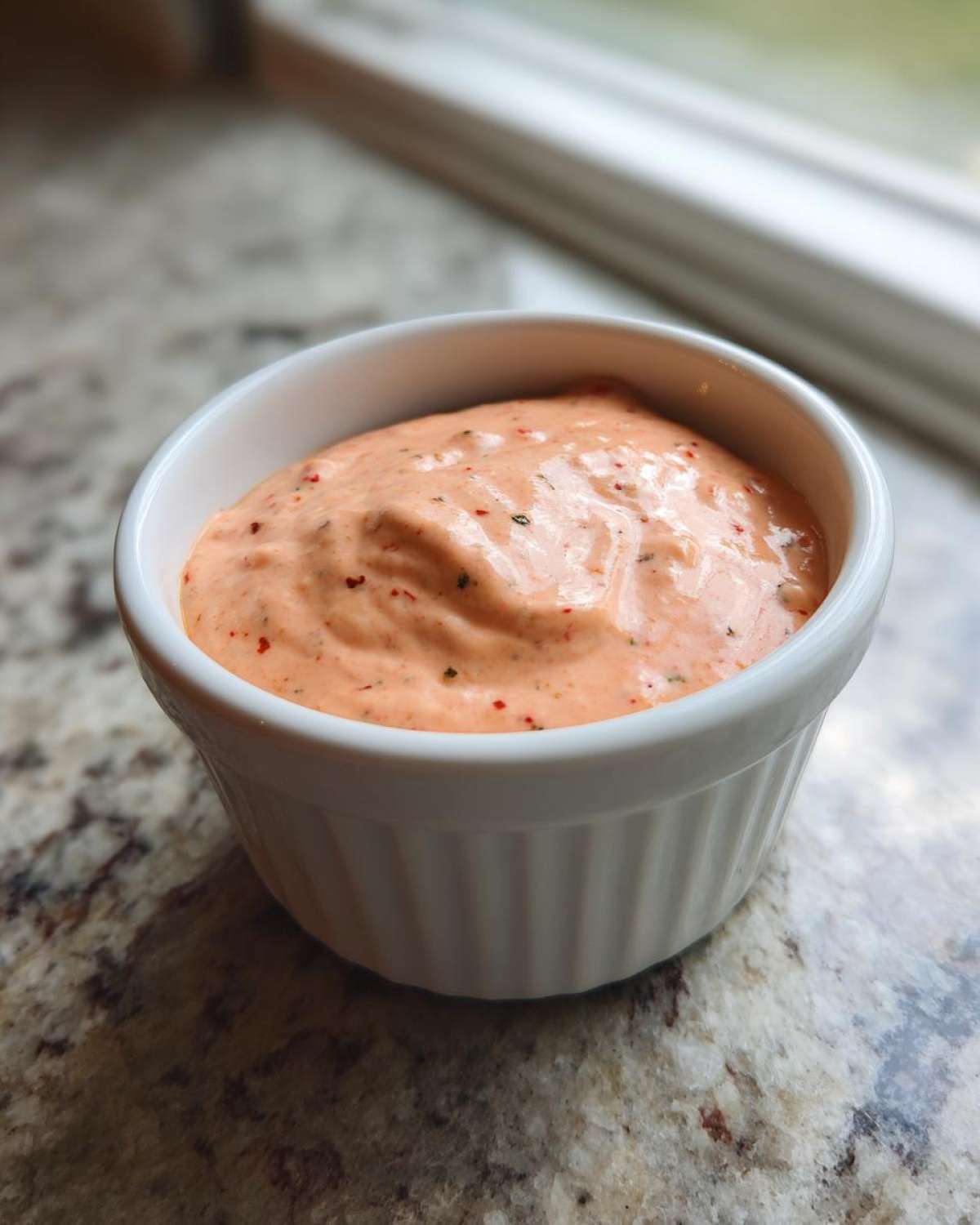 Close-up of creamy, orange-pink Copycat Classic Burger Spread Sauce speckled with spices in a small white ramekin.